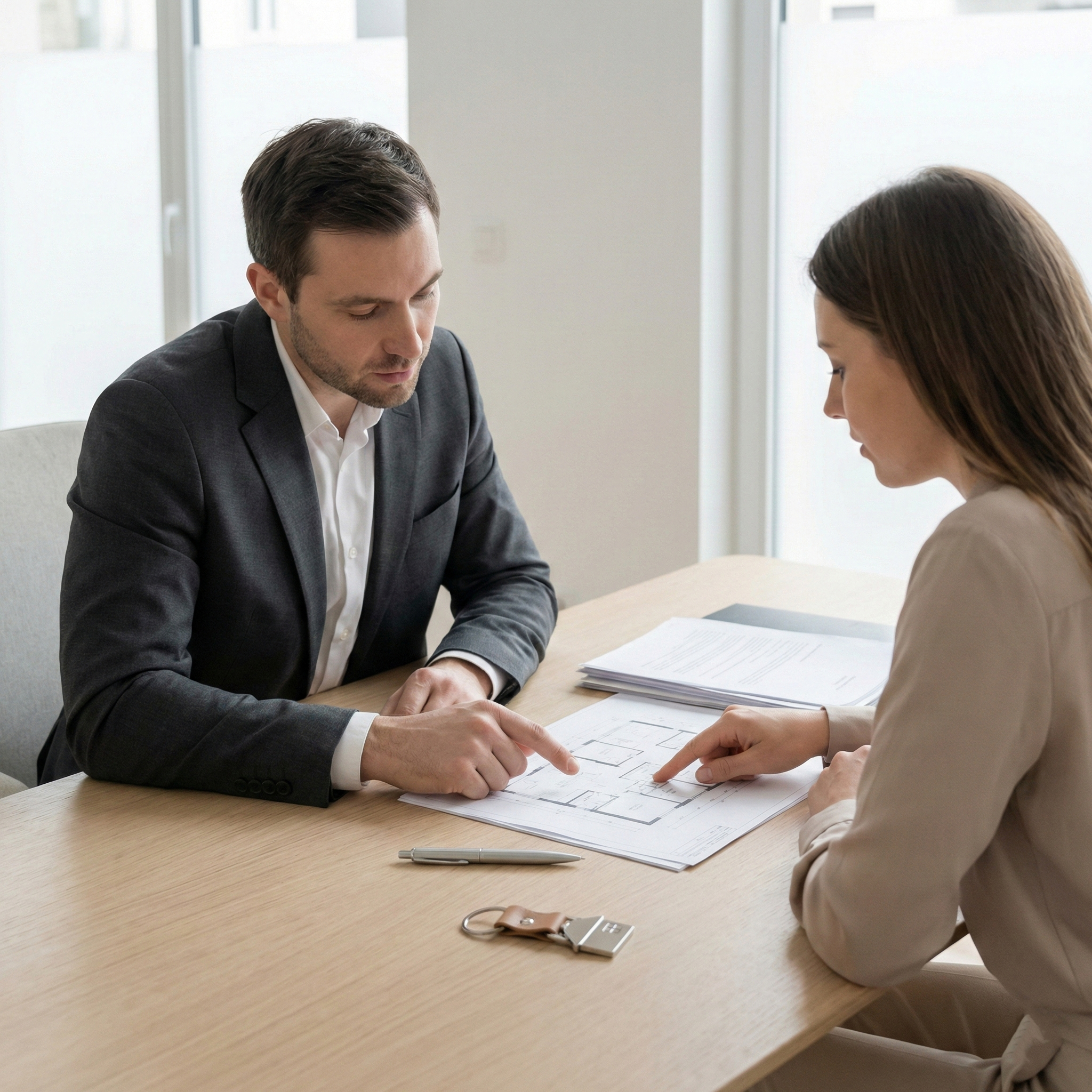 Professionelle Immobilienvermittlung mit persönlicher Beratung im modernen Büro.