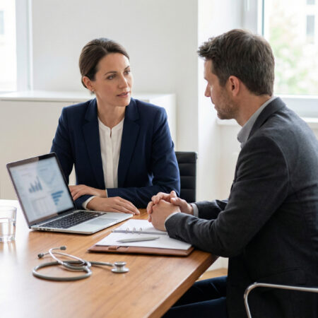 Personalvermittlung und Recruiting im Gesundheitswesen im professionellen Beratungsgespräch.